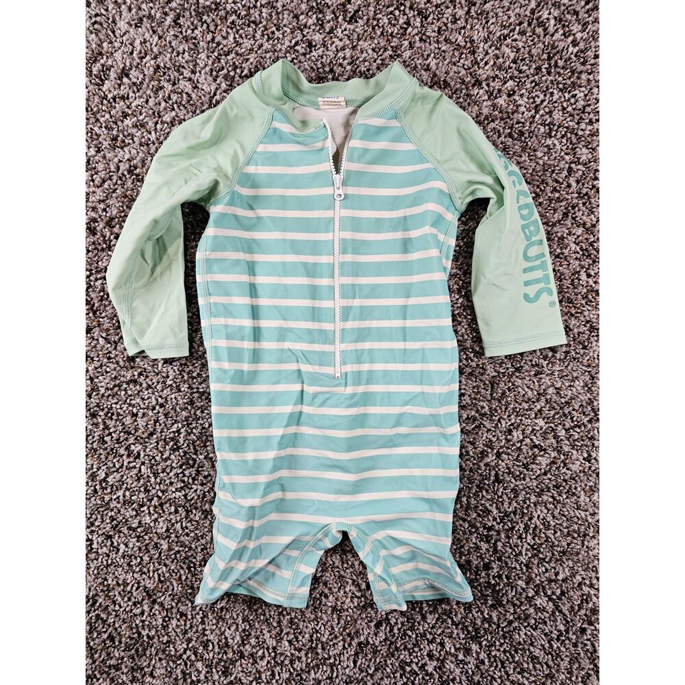 Rugged Butts Baby 18-24M One Pieve Swimsuit Rashguard Teal Striped Long Sleeve